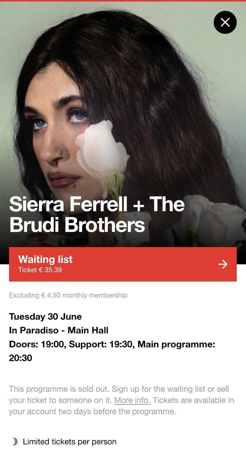 GEZOCHT: Sierra Ferrell + Brudi Brothers Paradiso 30/Juni, Tickets en Kaartjes, Eén persoon, Juni