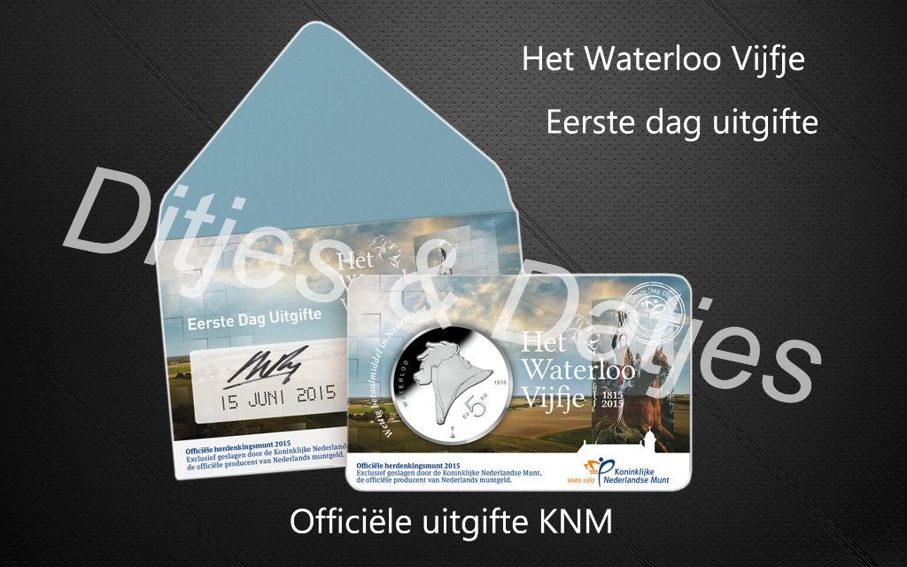 Eerste dag uitgifte Waterloo Vijfje coincard KNM, Postzegels en Munten, Munten | Nederland, Ophalen of Verzenden, Koningin Beatrix