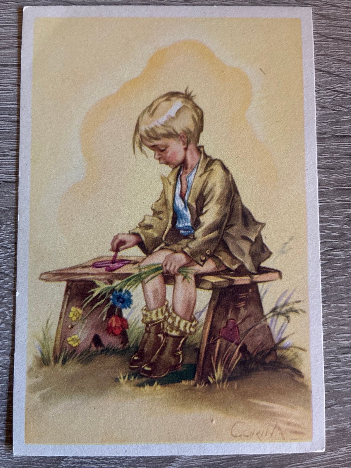 Vintage Ansichtkaart Jongen met Bloemen Corina, Ophalen of Verzenden, 1940 tot 1960, Ongelopen