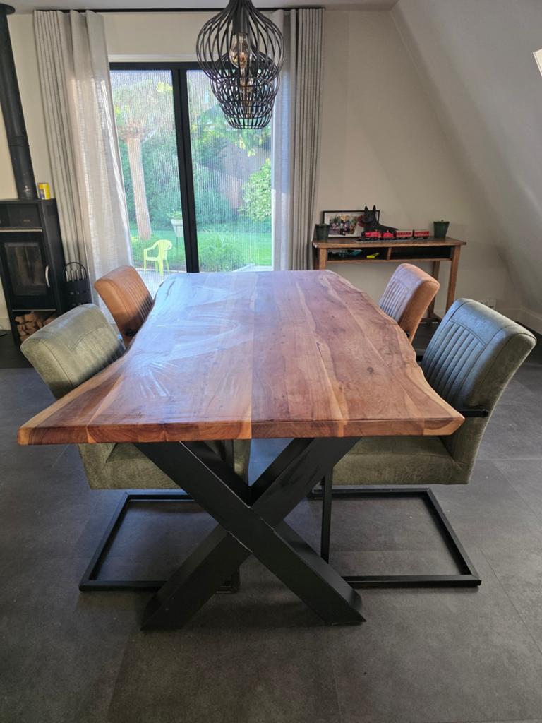 Boomstamtafel met 4 leder stoelen, Ophalen, Vier personen, Rechthoekig, Landelijk