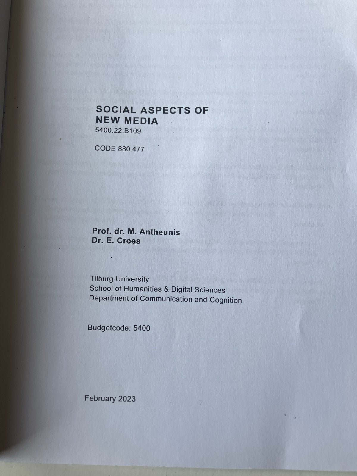Social Aspects of New Media Reader - Tilburg University, Ophalen of Verzenden, Gamma, WO