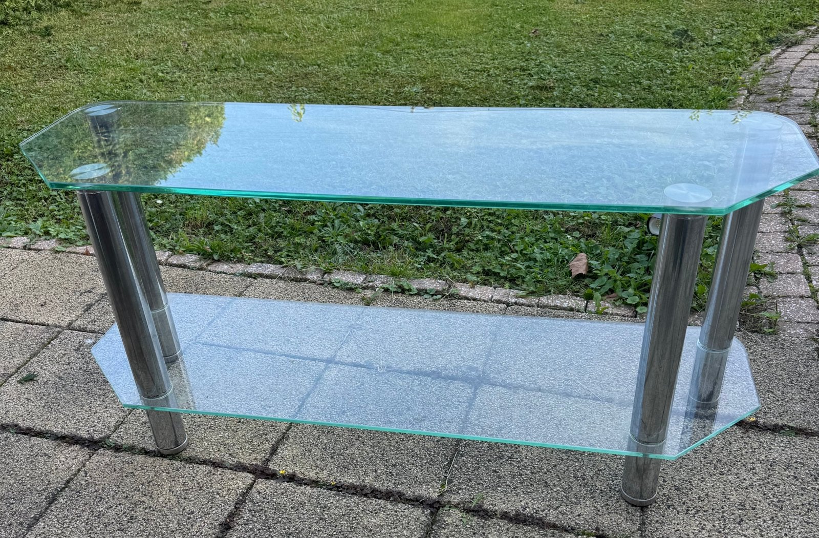 Glazen tv meubel met metalen poten, Ophalen, 100 tot 150 cm, Zo goed als nieuw, Minder dan 100 cm