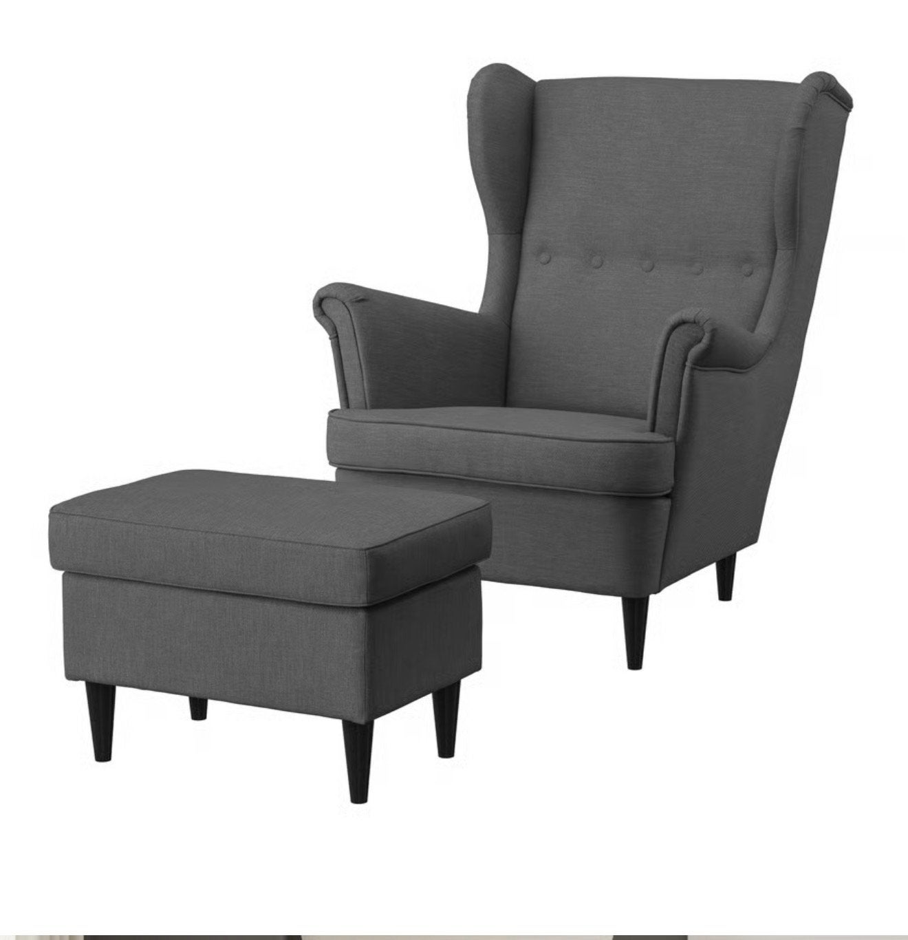 IKEA Strandmon Oorfauteuil met voetenbank - Donkergrijs, Ophalen of Verzenden, Zo goed als nieuw, Stof, 75 tot 100 cm