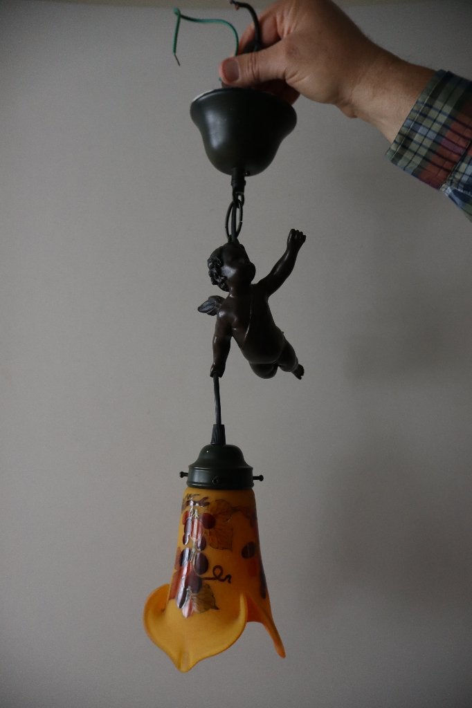 Antieke Art de France glazen hang lamp 1920-1940, gesigneerd, Antiek en Kunst, Antiek | Lampen, Ophalen of Verzenden