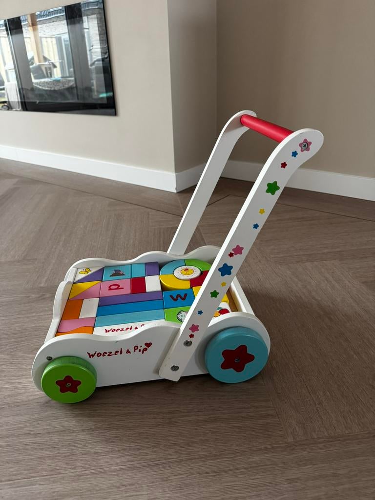 Loop- en blokkenkar Woezel en Pip, Kinderen en Baby's, Speelgoed | Houten speelgoed, Ophalen, Zo goed als nieuw