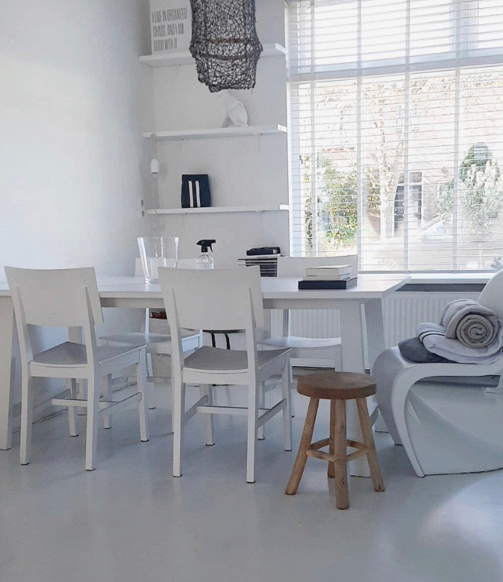 Set van 4 witte houten eettafelstoelen, Ophalen, Gebruikt, Modern, Scandinavisch, Wit