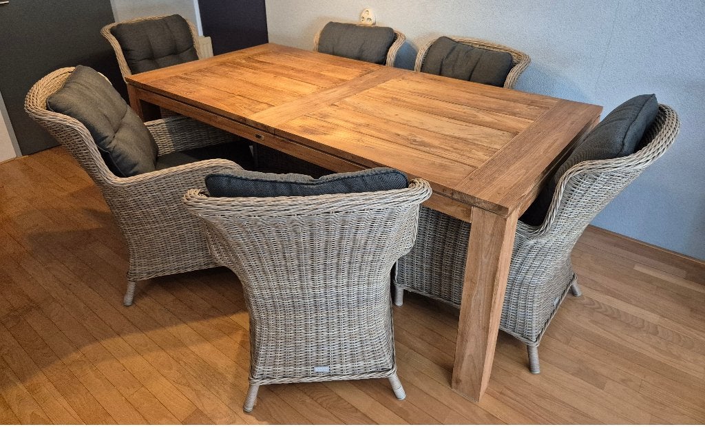 Te koop: GARDEN Impressions  tuinset, tafel en stoelen., Tuin en Terras, Ophalen, 6 zitplaatsen, Teakhout, Zo goed als nieuw