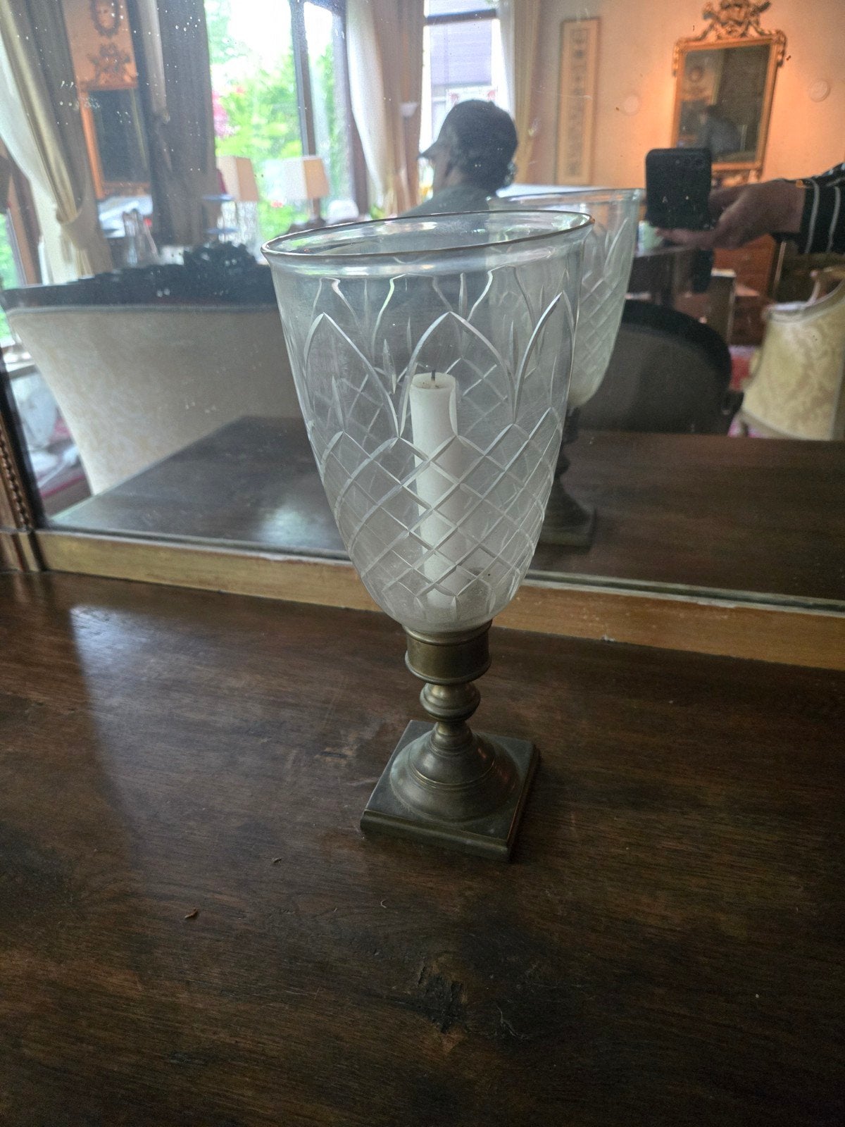 Kandelaar brons / koper met windglas, Ophalen of Verzenden