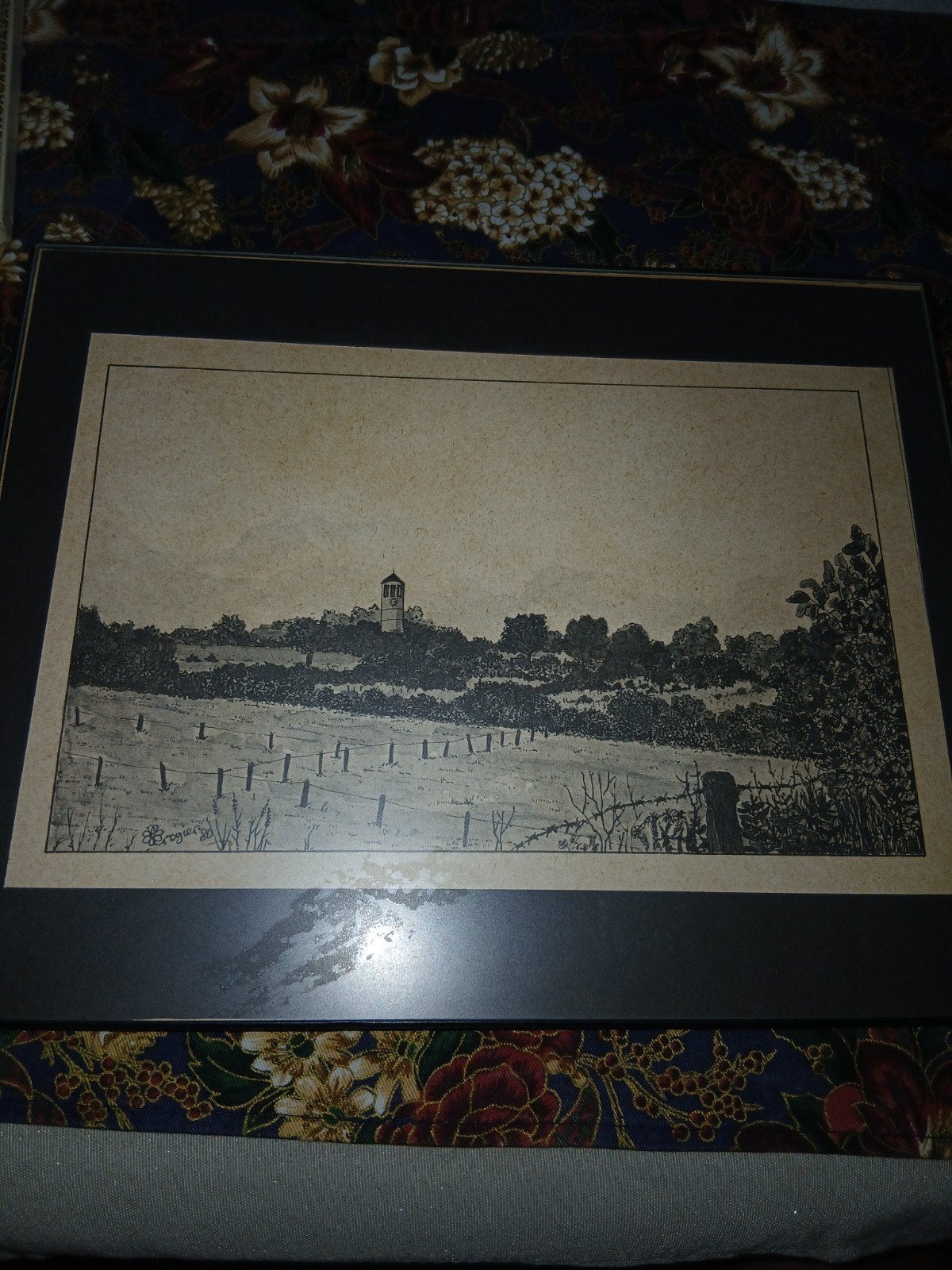 Landschap met kerktoren - Rogier '80, Antiek en Kunst, Landschap, 1950 - 1999, Ets, Ingelijst