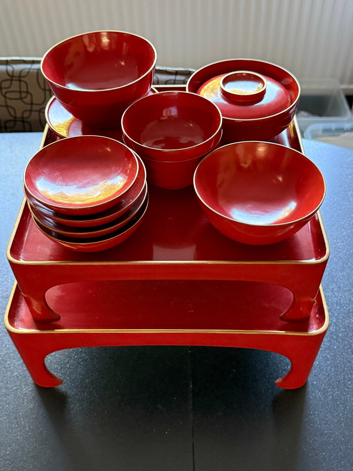 Chinees theeservies van kunststof, rood met goud, Aziatisch, Kunststof, Gebruikt, Ophalen of Verzenden