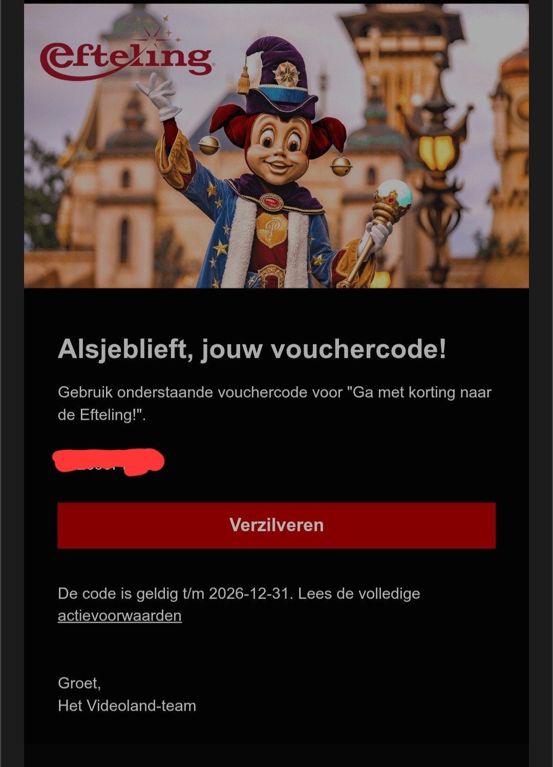 Efteling voucher - Geldig t/m 31 december 2026, Verzenden, Nieuw, Gebruiksvoorwerp