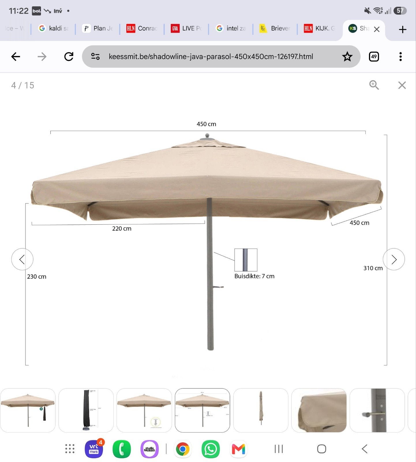 Shadowline Java parasol 450 x 450 -  nieuw, Ophalen, Nieuw, 1 tot 2 meter