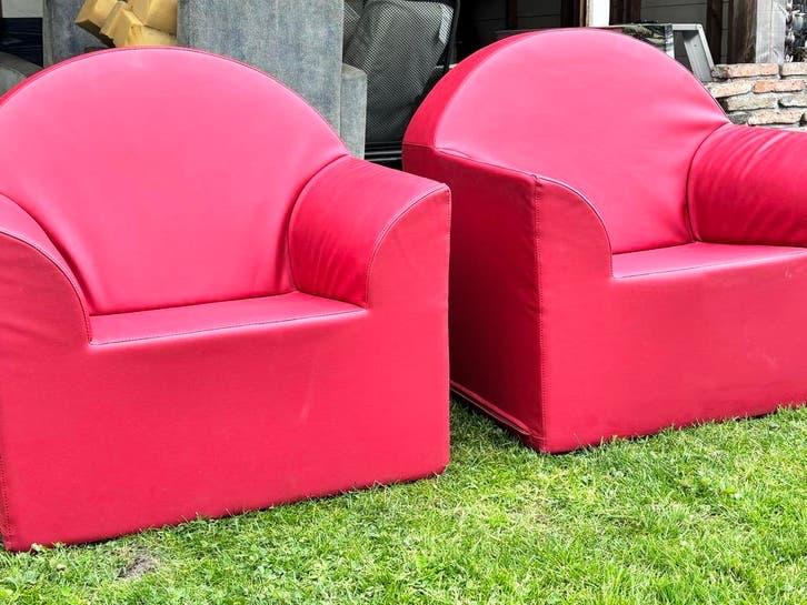 2x Michel Koene Design Lounge Stoelen Rood Leer, Ophalen, Gebruikt, Eenpersoons, Minder dan 150 cm