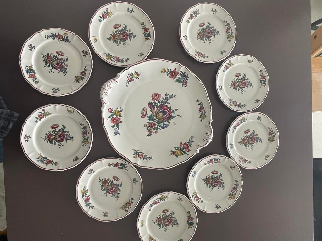 Villeroy & Boch Alsace tulp serveerschaal en 9 gebaksbordjes, Ophalen of Verzenden
