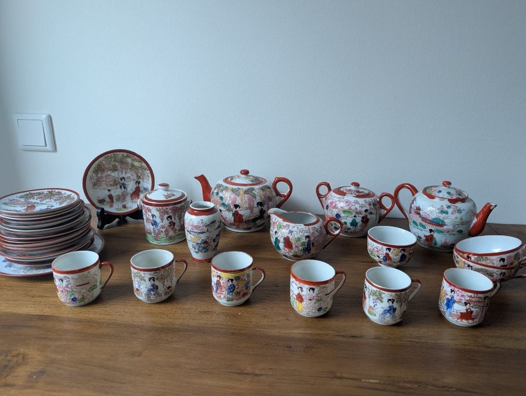 Japans geisha theeservies | porselein | kutani | lithofaan, Ophalen