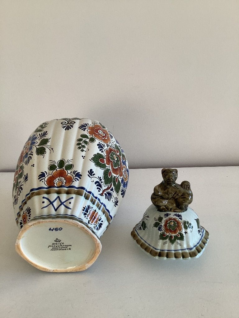 Antieke Delfts Blauw polychroom vaas met deksel, 35 cm, Ophalen