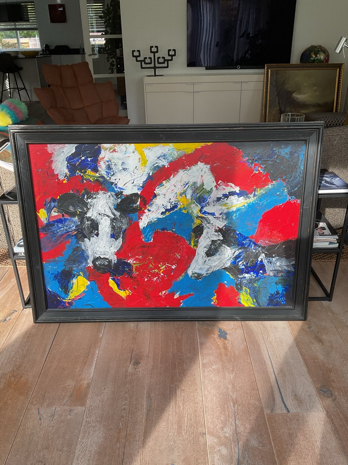 Abstract Koeien Schilderij - Levendige Kleuren., Ophalen, Acrylverf, Textiel, Dieren