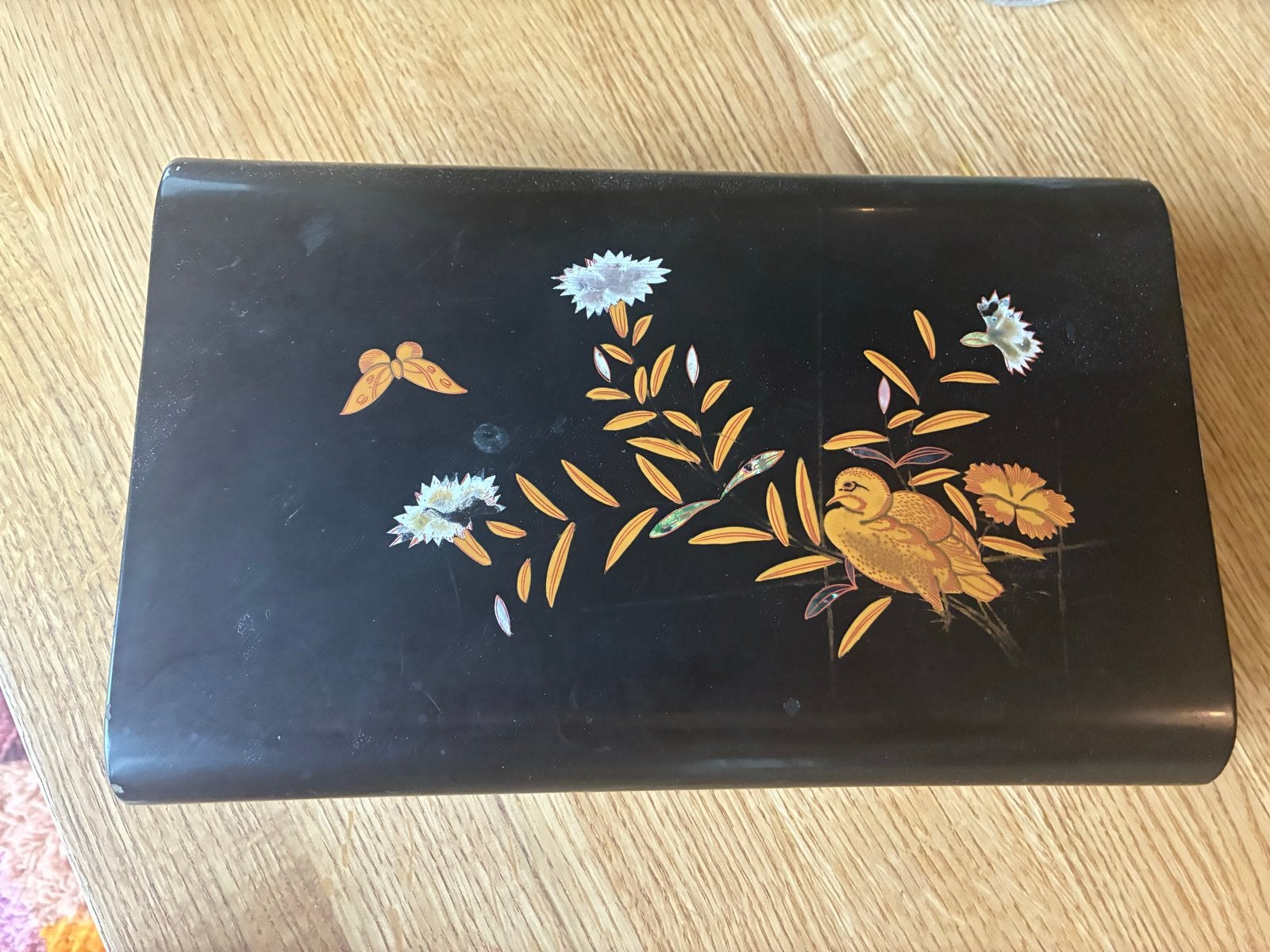 Oude Lakdoos met vogel en bloemen decoratie, Antiek en Kunst, Ophalen of Verzenden