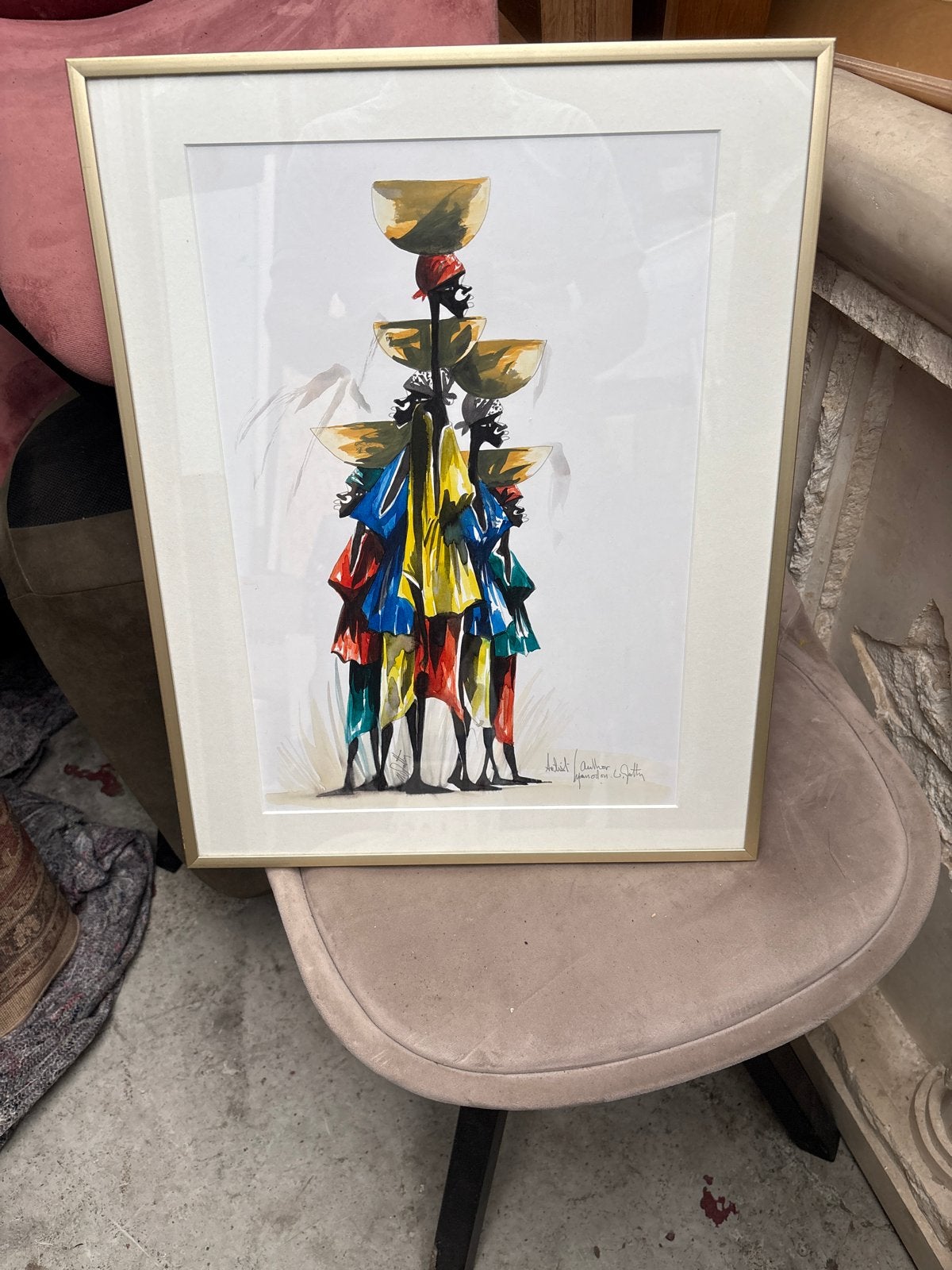 Ingelijste aquarel van Afrikaanse vrouwen met manden, Antiek en Kunst, Ophalen of Verzenden