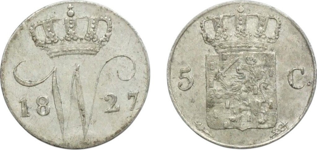5 cent 1827, Nederland, Willem I, Utrecht, Zilver, Ophalen of Verzenden, Koning Willem I, Losse munt