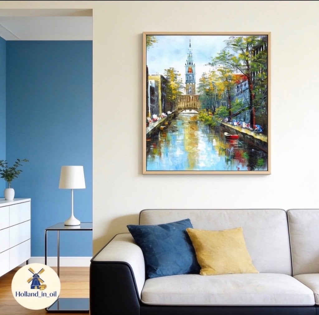 Schilderij Kerk en gracht Amsterdam - 50x60 cm, Ophalen of Verzenden, Overige materialen, Olieverf, Stadsgezicht