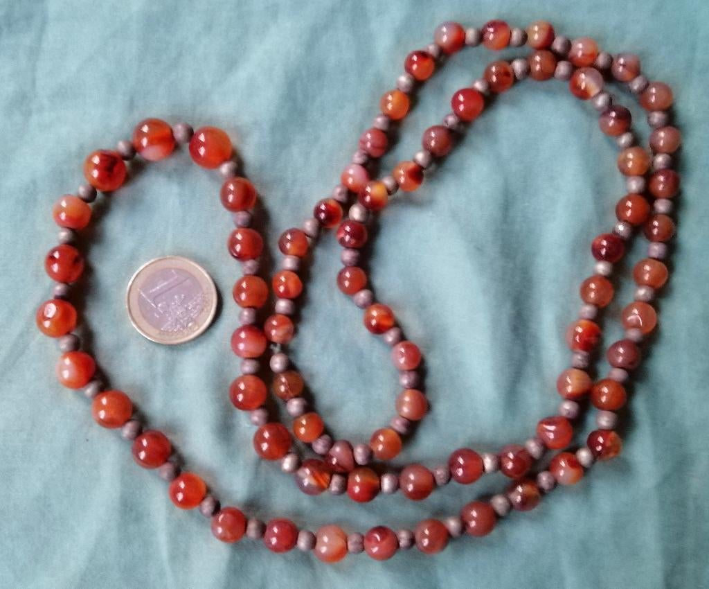 Vintage ketting met kralen van kornalijn en zilver, Sieraden, Tassen en Uiterlijk, Antieke sieraden, Ophalen of Verzenden, Zilver