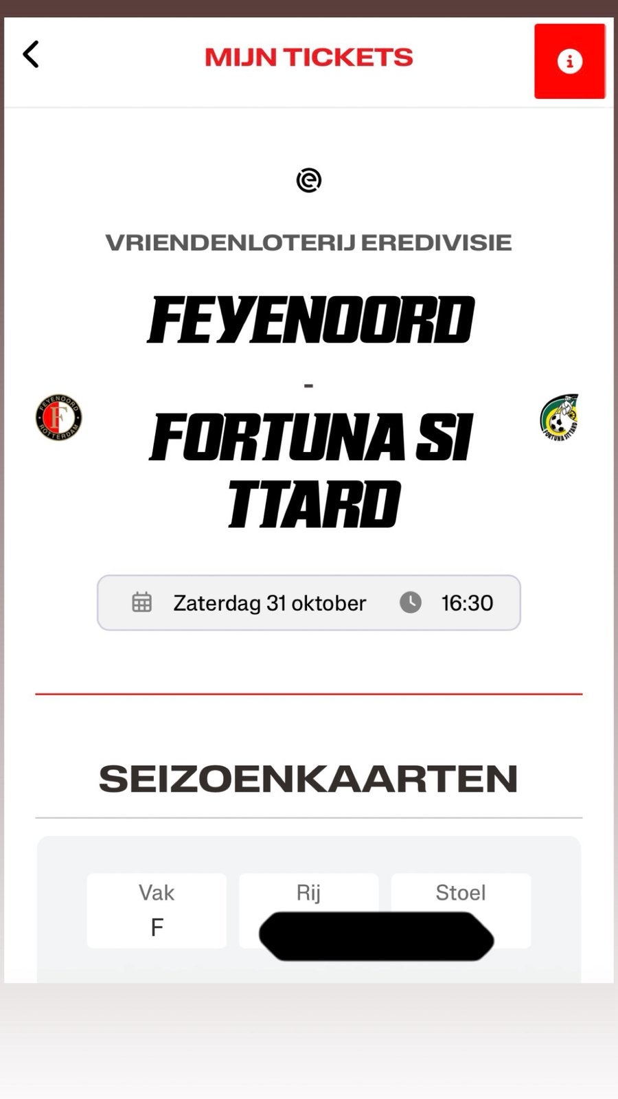 1x ticket Feyenoord - Fortuna Sittard, Losse kaart, Eén persoon, Oktober