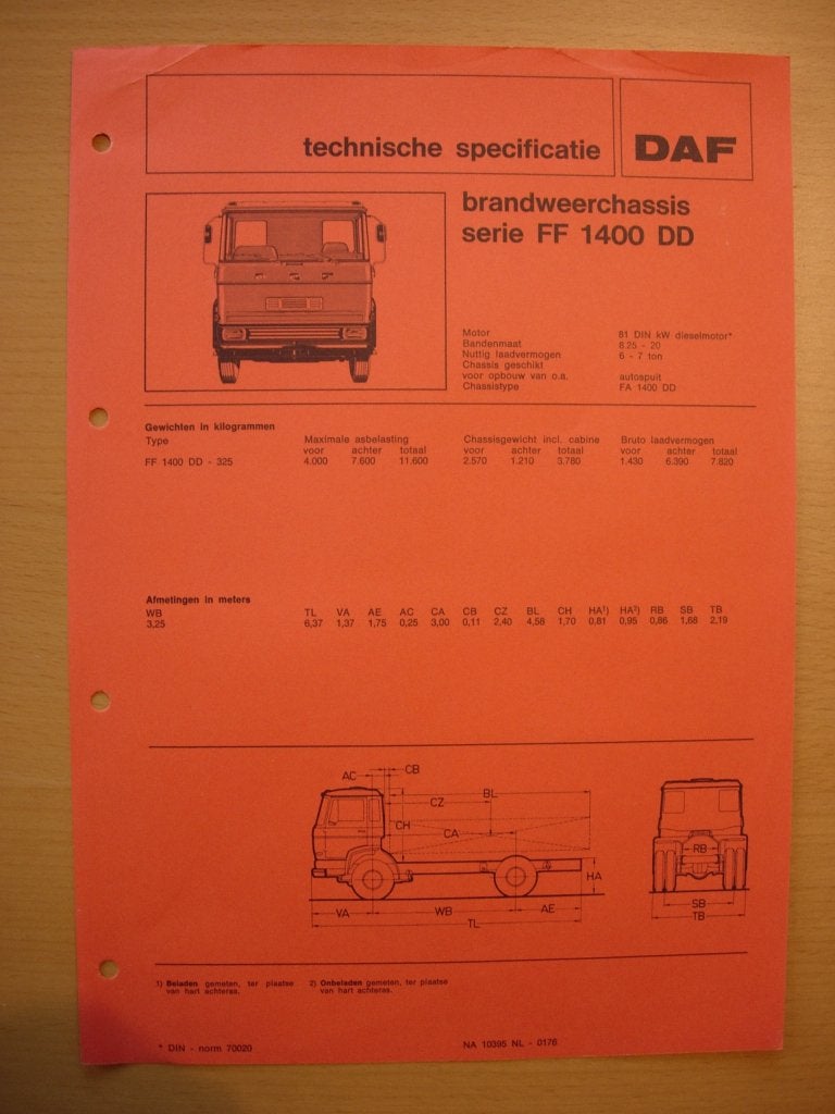 DAF FF 1400 DD Technische Specificatie 1976 - 4x2 Brandweer, Ophalen of Verzenden, Zo goed als nieuw, Overige merken, DAF