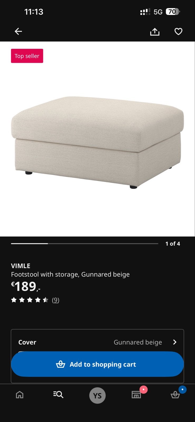 IKEA VIMLE Voetenbank met opbergruimte, Gunnared beige, Ophalen, 50 tot 75 cm, Zo goed als nieuw, 75 tot 100 cm