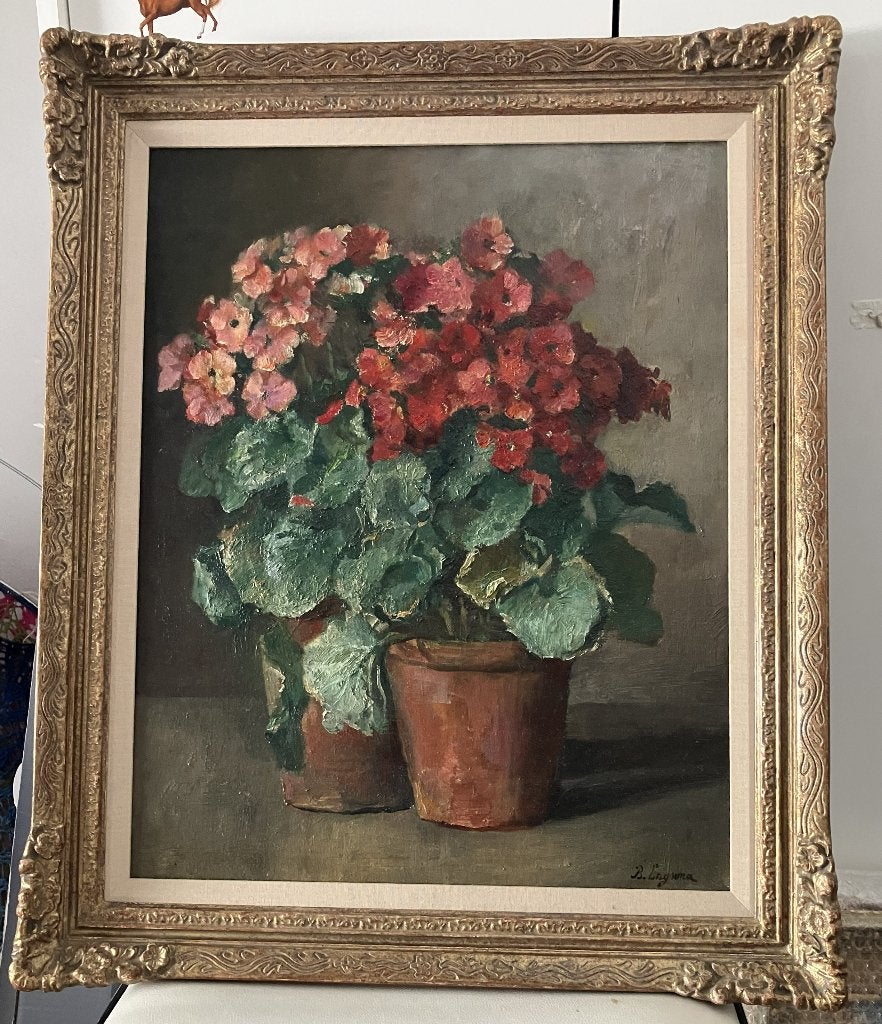 RODE EN ROZE BEGONIA IN POTTEN, Doek, Impressionistisch, Bijzondere lijst, Olieverf