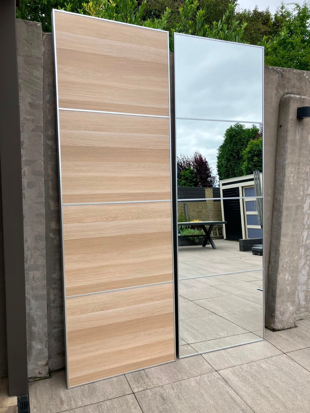 IKEA PAX (Mehamn) Schuifdeuren (2x) met spiegel en hout, Ophalen, Glas, 100 tot 150 cm, 200 cm of meer