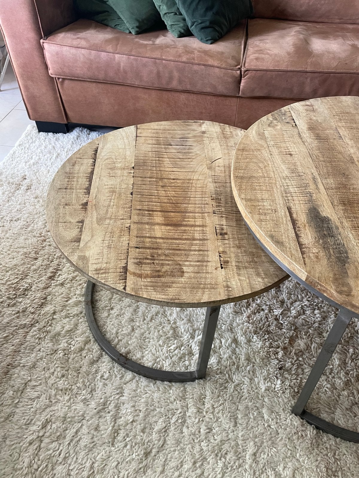 Set van 2 ronde salontafels, mangohout, Ophalen, Gebruikt, Rond, 50 tot 100 cm