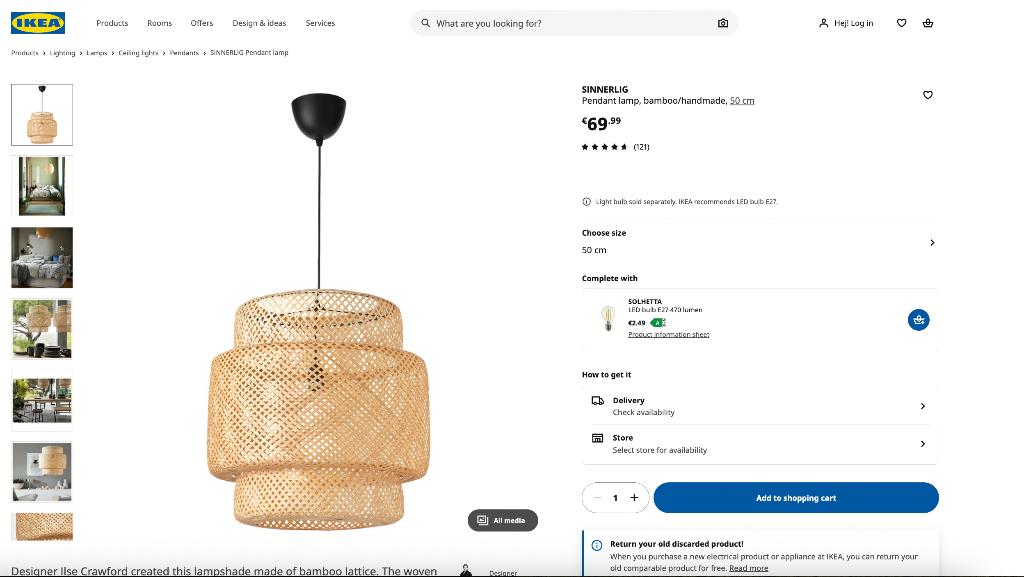 SINNERLIG Pendant lamp, bamboo 50cm, Huis en Inrichting, Lampen | Hanglampen, Ophalen, Zo goed als nieuw, Minder dan 50 cm