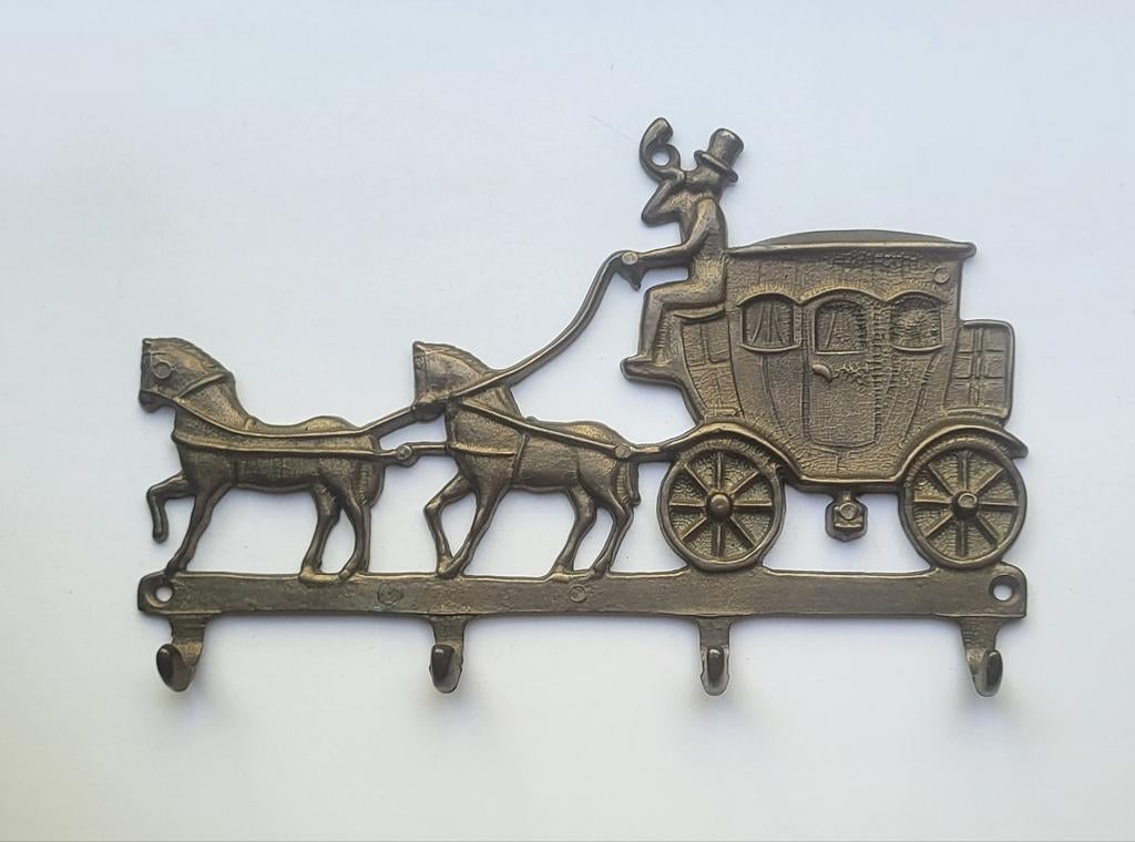 Oud koperen / messing sleutelrekje - koets met 2 paarden, Antiek en Kunst, Ophalen of Verzenden