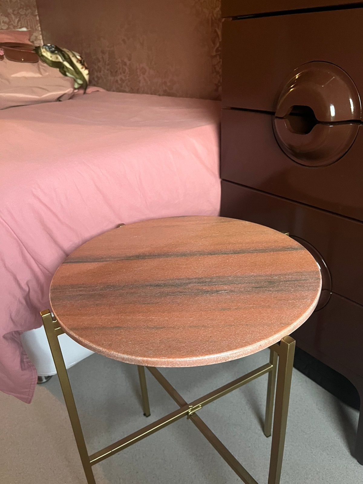 ****LOODS 5 BIJZETTAFELJES 2 stuks**Roze/ goud* marmer****, Minder dan 55 cm, Gebruikt, Rond, Ophalen