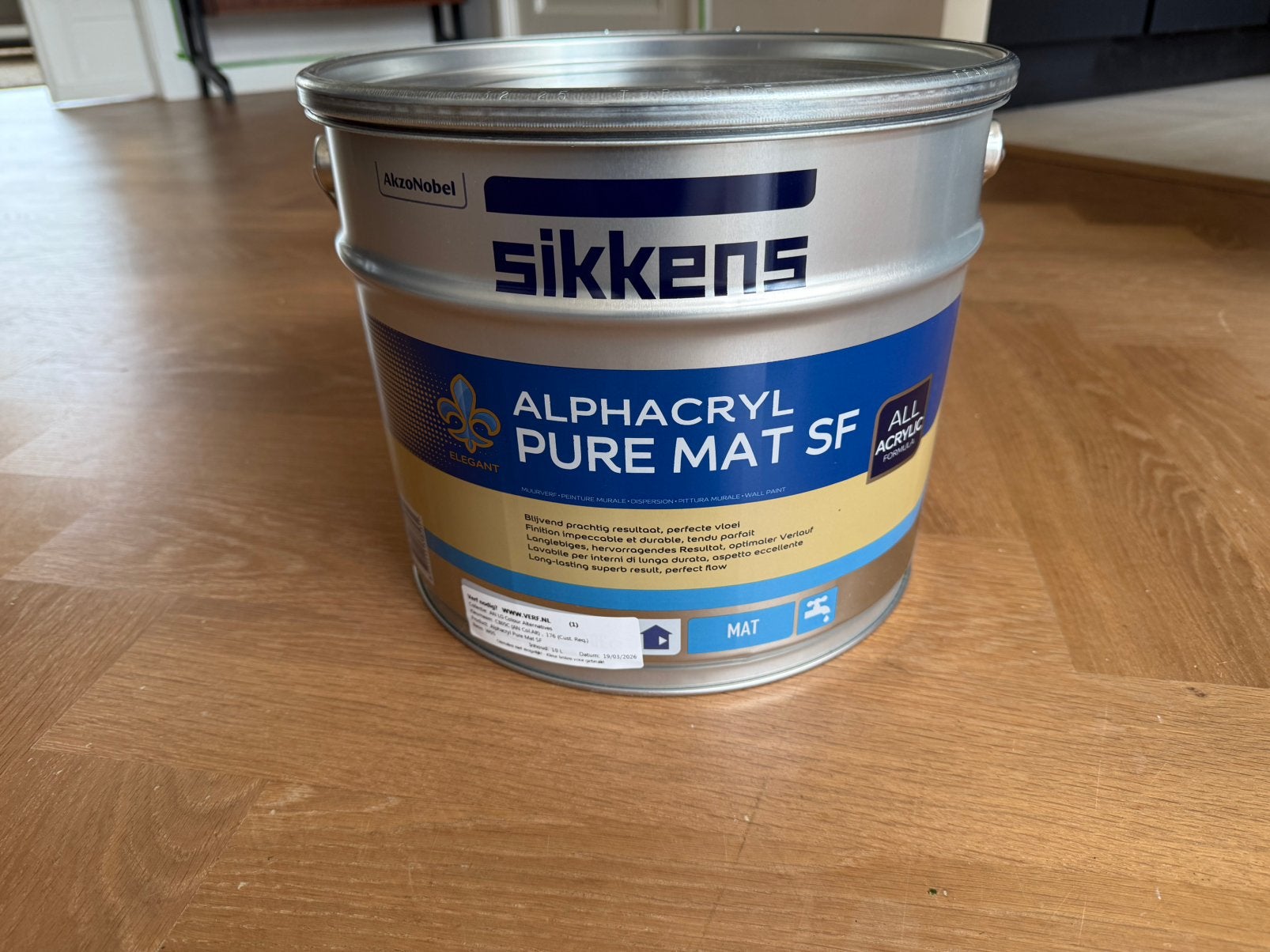 Sikkens alphacryl pure mat sf muurverf 5L - skimming stone, Ophalen, Nieuw, Beige