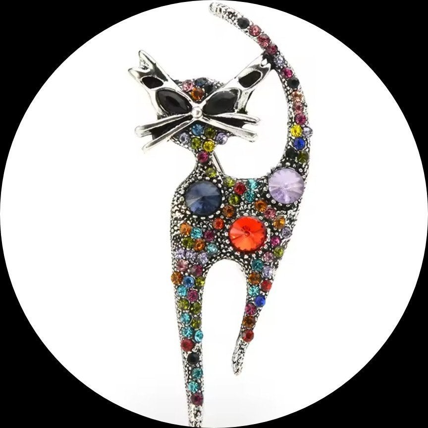 Nieuwe Broche Kat met Gekleurde Strass Steentjes, Overige materialen, 4 tot 7 cm, Overige kleuren, Nieuw