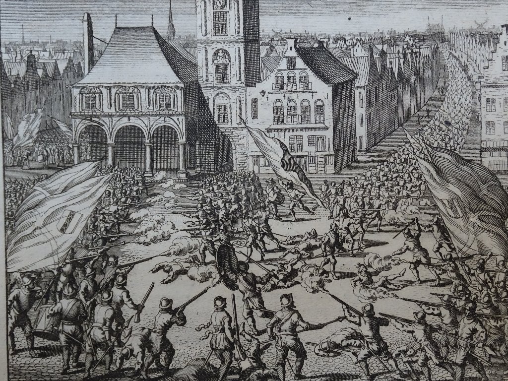gravure Staatse troepen verslagen op Dam Amsterdam Hogenberg, Ophalen of Verzenden, Origineel