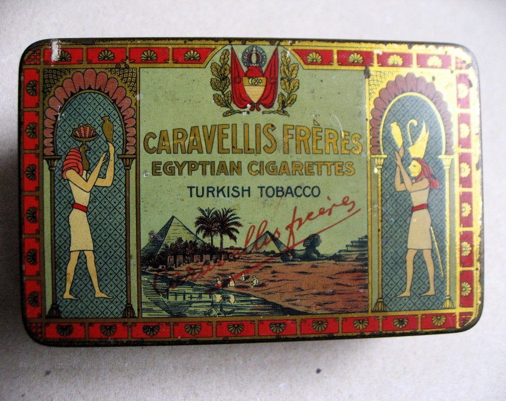 Vintage blik Caravellis Frères jaren 20, Turkse tabak, Ophalen of Verzenden, Gebruikt, Tabaksdoos of Verpakking