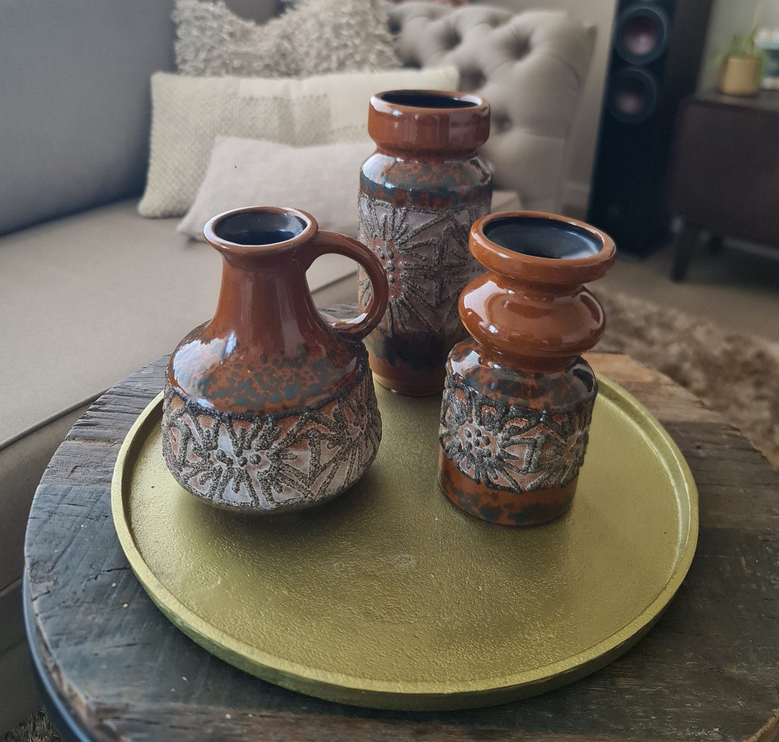 Prachtige 3-delige Vintage 'Fat Lava' Vasenset – VEB Haldens, Huis en Inrichting, Ophalen, Rond, Hout