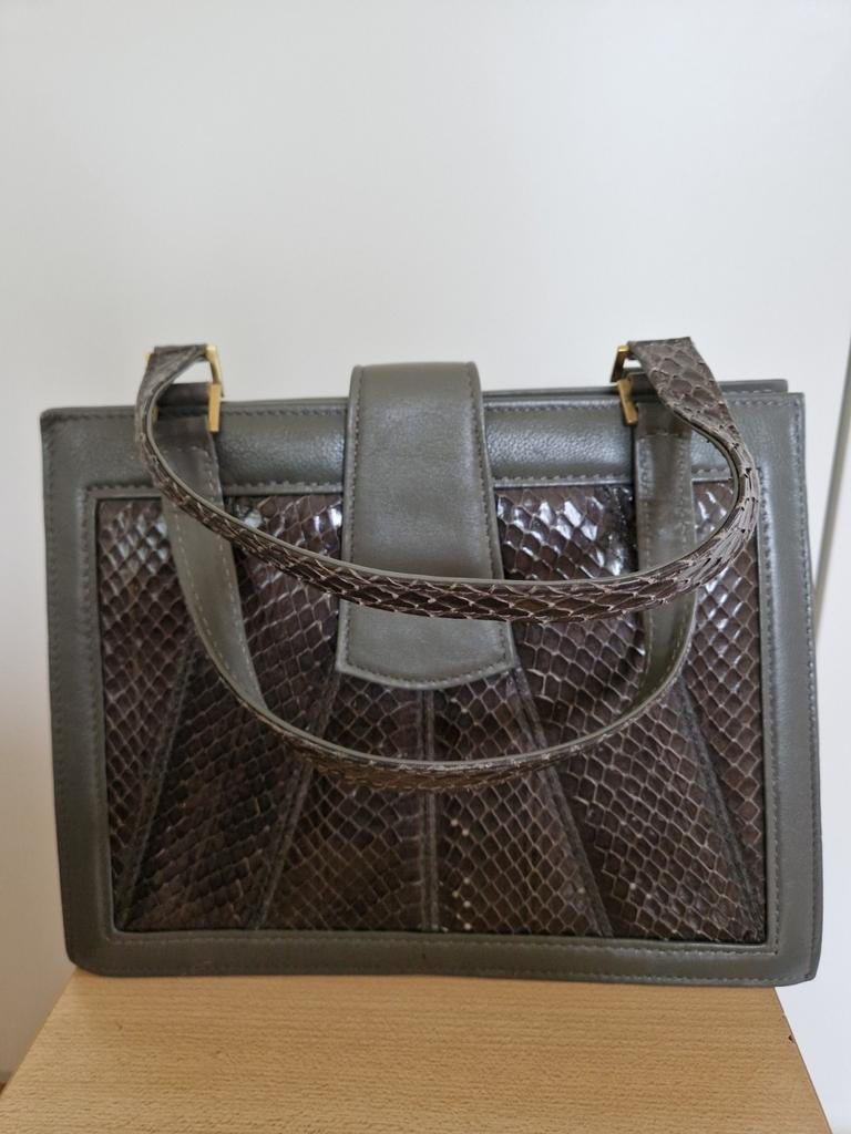 Leren vintage handtas grijs slangen-leer -print, Sieraden, Tassen en Uiterlijk, Tassen | Damestassen, Ophalen of Verzenden, Zo goed als nieuw