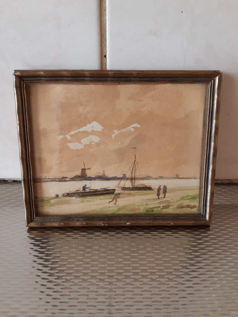 Vintage miniatuur aquarel Hollands riviergezicht, Maritiem / water, Ophalen of Verzenden, Ingelijst, Klassiek