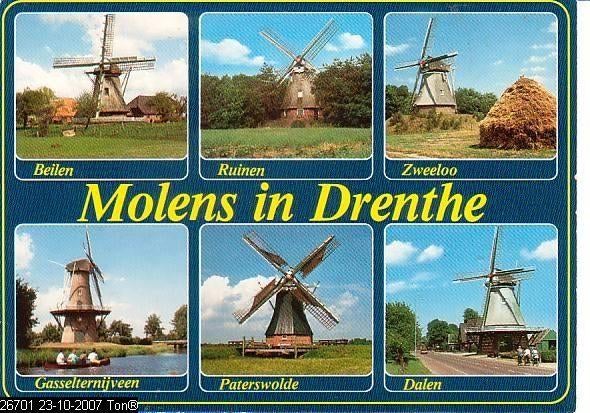 Ansichtkaart	Drenthe	Molens	6-luik, Verzenden, 1980 tot heden, Gelopen, Drenthe