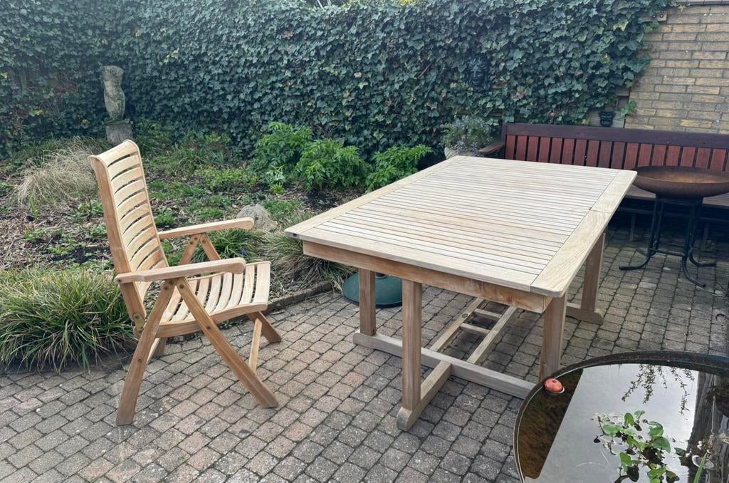Hardhouten Set: Verstelbare Tafel 110 x 180/240  + 6 stoelen, Ophalen, Hardhout, 6 zitplaatsen, Zo goed als nieuw