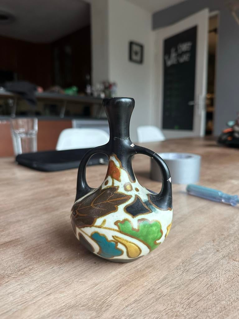 Antieke Goudse Plateel Vaas - Regina Gouda Holland Handbesch, Ophalen