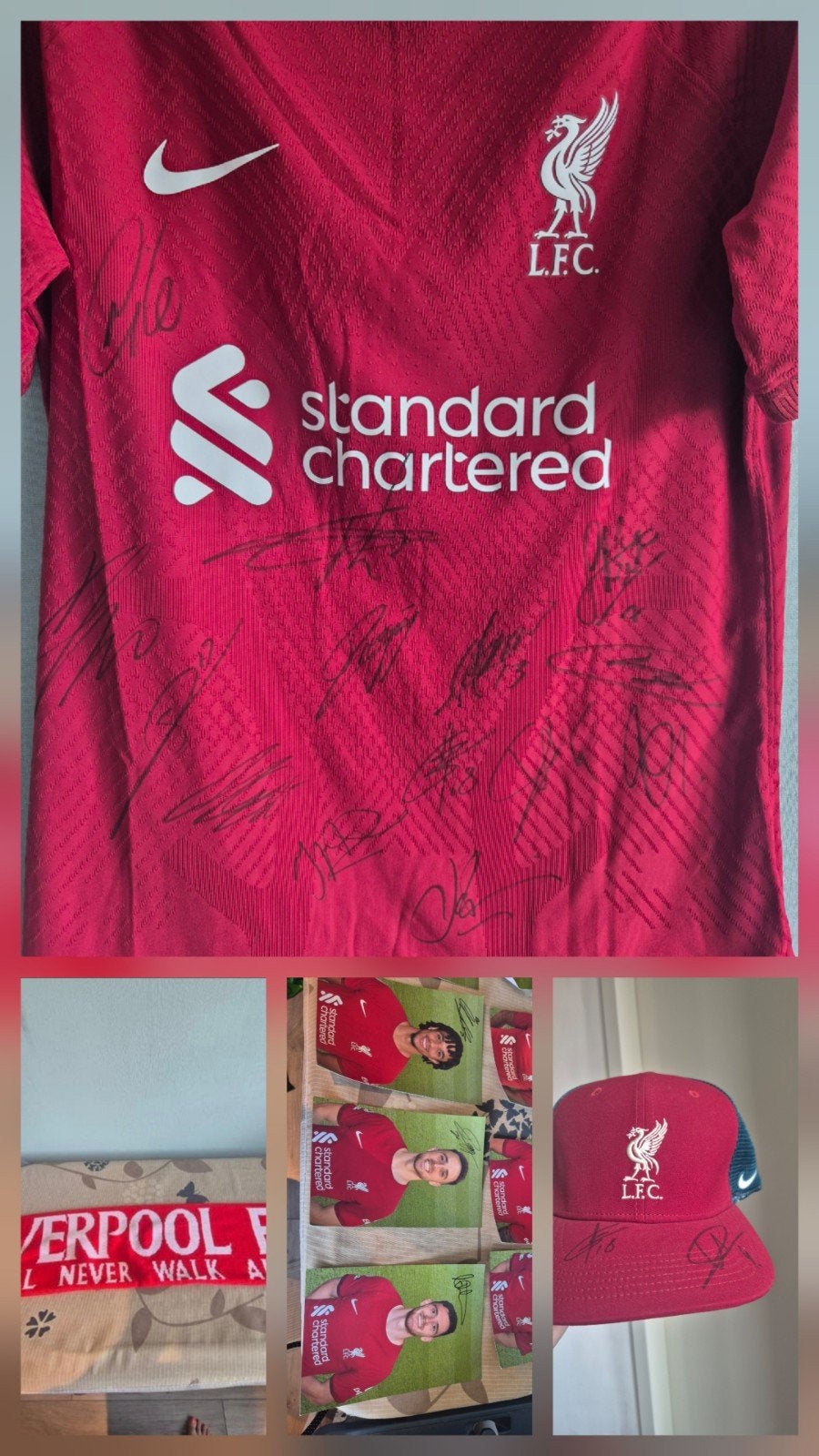 Liverpool shirt,pet en spelerskaarten gesigneerd + sjaal, Maat 52/54 (L), Nike, Ophalen of Verzenden, Zo goed als nieuw