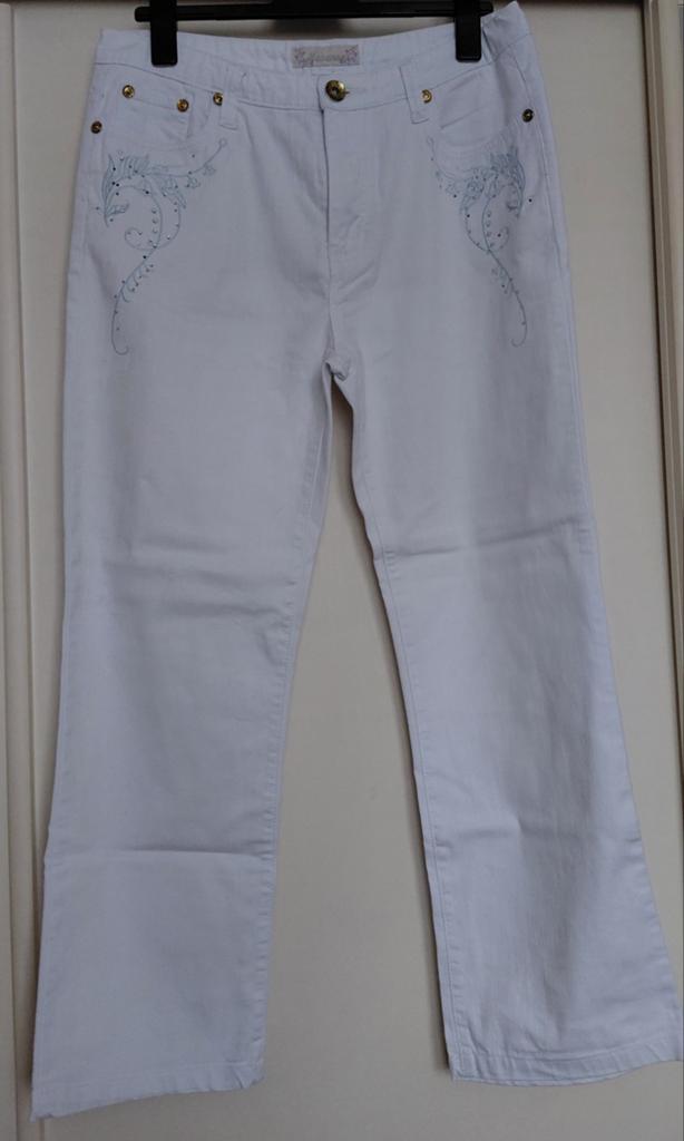 Witte spijkerbroek met borduursel en steentjes, Maxanna, Wit, Maat 46/48 (XL) of groter, Ophalen of Verzenden