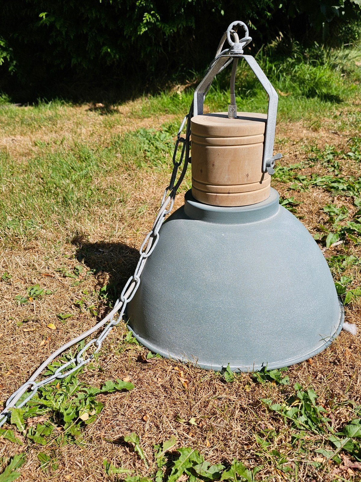Hanglamp grijs en hout, Huis en Inrichting, Lampen | Hanglampen, Ophalen, Hout, Industrieel, E27 (groot)