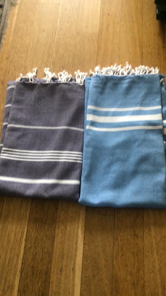 Set van 2 gestreepte Hamam handdoeken, blauw en grijs, Ophalen of Verzenden, Zo goed als nieuw, Blauw, Handdoek