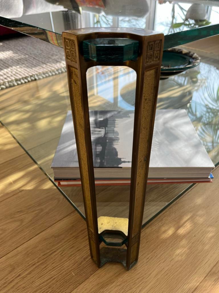 Vintage Gucci glazen salontafel met messingpoten, Ophalen, Gebruikt, Vintage design, glas en messing, 100 tot 150 cm
